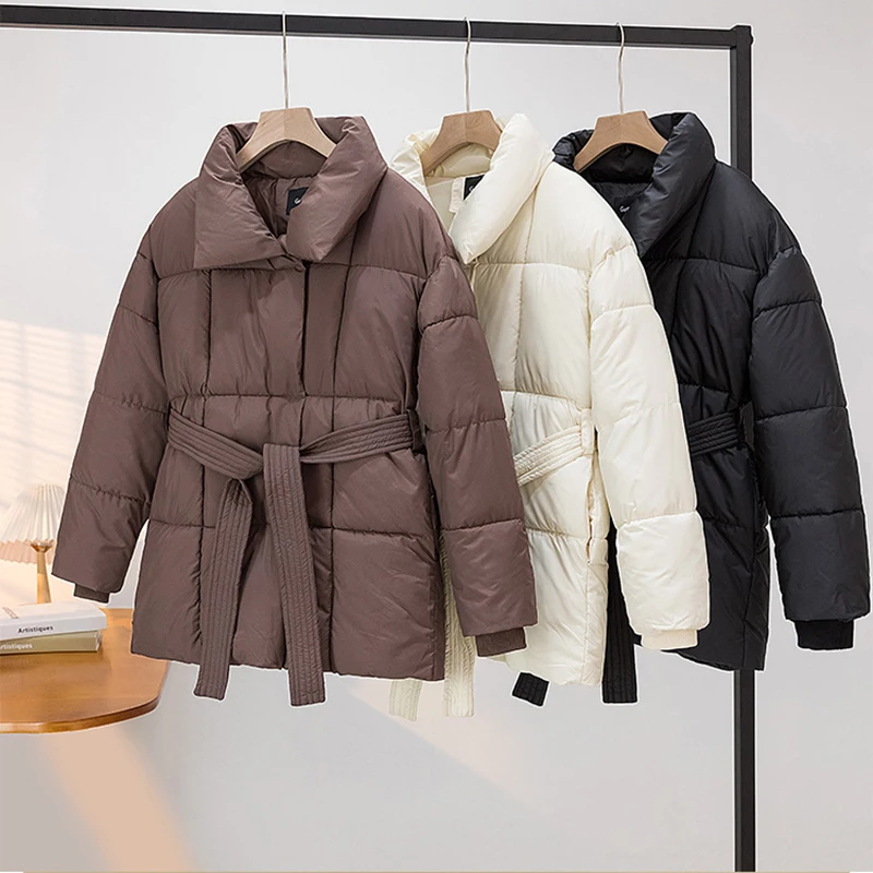 Chaqueta con cinturón para mujer, Parkas de invierno, prendas de vestir exteriores para mujer, abrigo liso grueso y cálido para la nieve, ropa holgada acolchada de algodón 2024