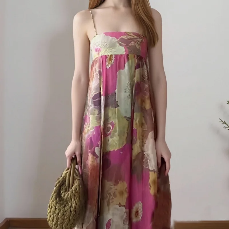 Vestido Maxi Estampado E de Verão Nova Chegada Roupas Fenas Vestido Sem Alças Manga Longa com Zíper Casual