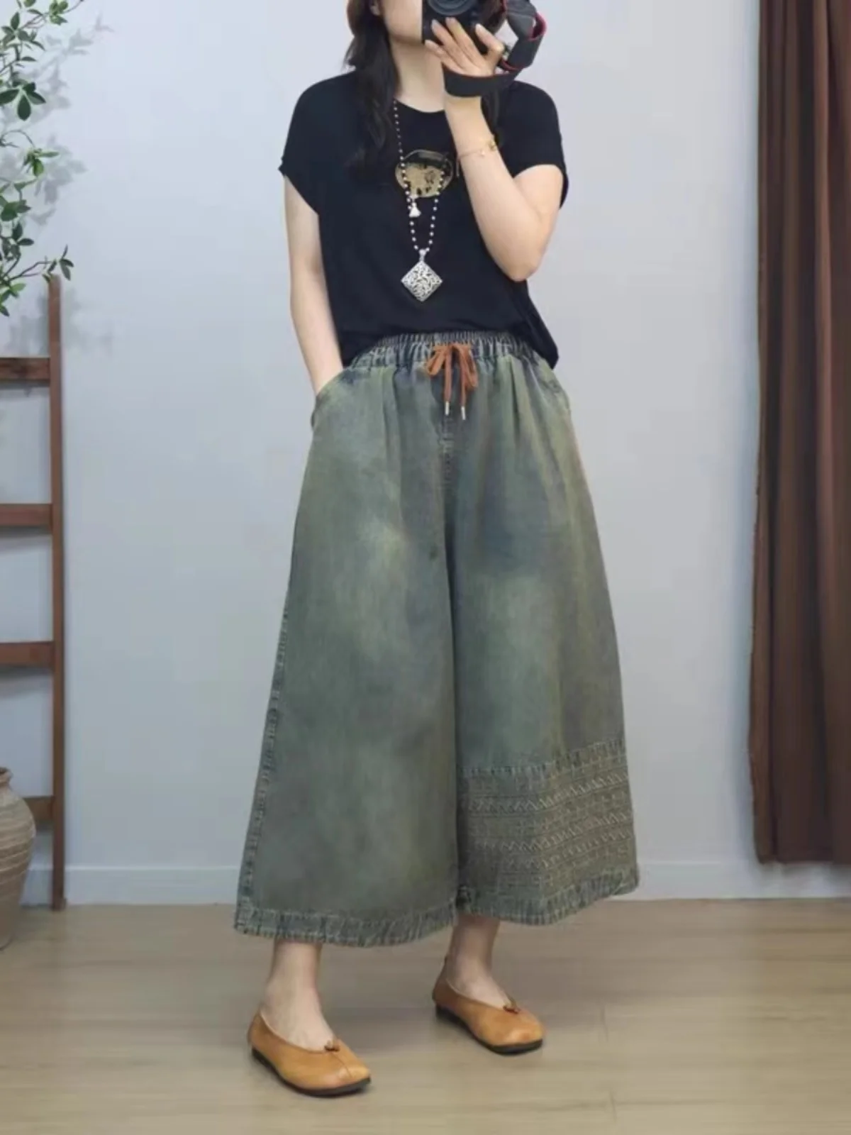 

Джинсы с высокой талией и широкими штанинами, женские летние джинсы с эластичной резинкой на талии, свободные брюки из девяти предметов с вышивкой, повседневные узкие брюки