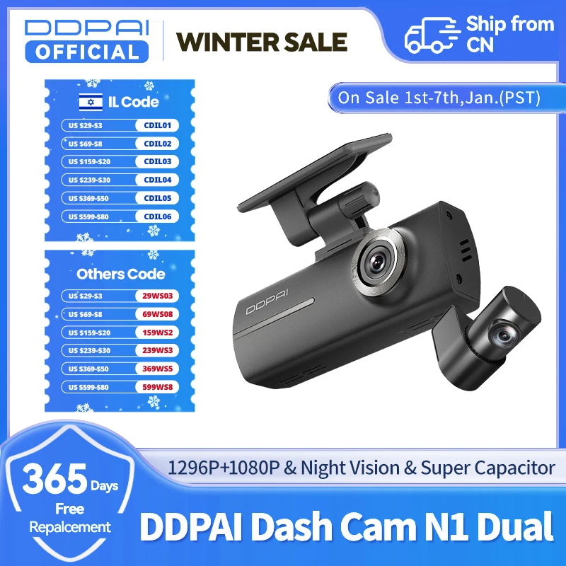 DDPAI Dash Cam N1 Dual Front and Rear Recording NightVIS 1296P Dash Camera Recorder Car DVR 24H Parking Mode WIFI & App Control