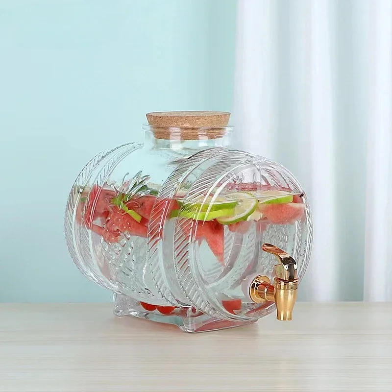 1L Beverage Barrel with Faucet Embossed Clear Glass Wine Barrel Wine Whiskey Juice Can Creative Beer Jugs