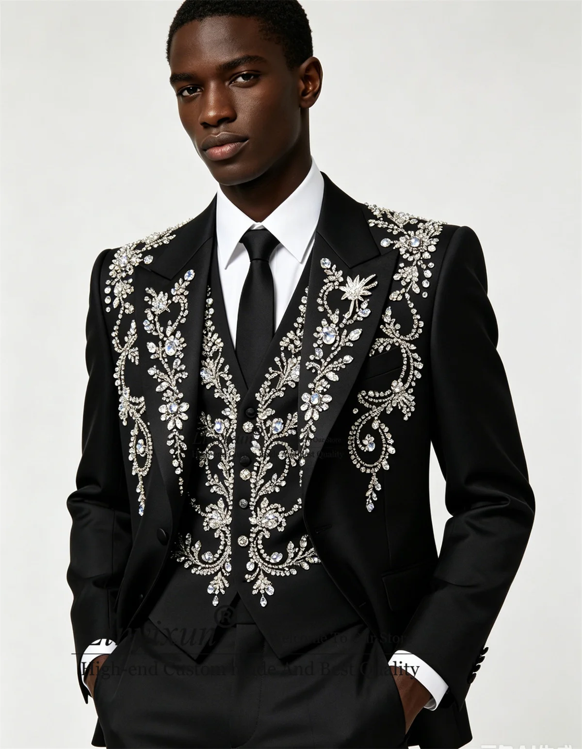 

High End Jewelry Crystals Men Suits Customized Slim Fit Party Costume Homme Groom Wedding Tuxedos 3 Piece Sets Male Prom Blazers