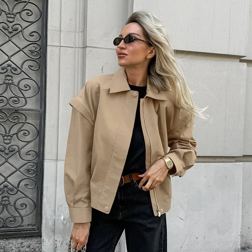 

Khaki trench coat women's 2025 simple French lapel tooling jacket loose bomber jacket design sense women's clothing