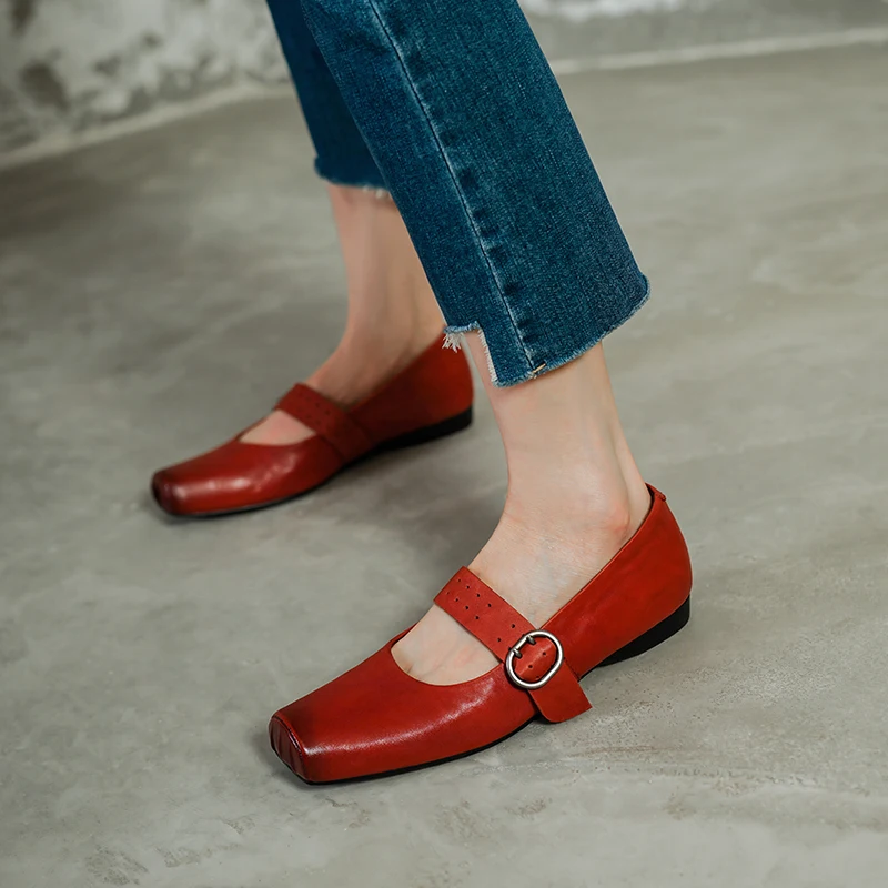 

New 2026 Trend Spring Genuine Leather Fashion Mary Janes Pumps Women Flats Square Toe Black Red Flat Shoes Plus Size Shoes
