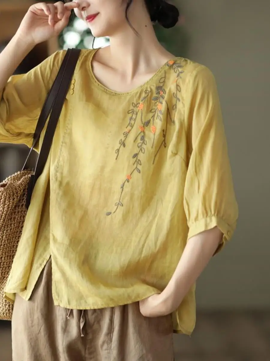 camisa-casual-feminina-de-algodao-e-linho-bordada-retro-com-bolso-e-lenco-manga-tres-quartos-estilo-solto