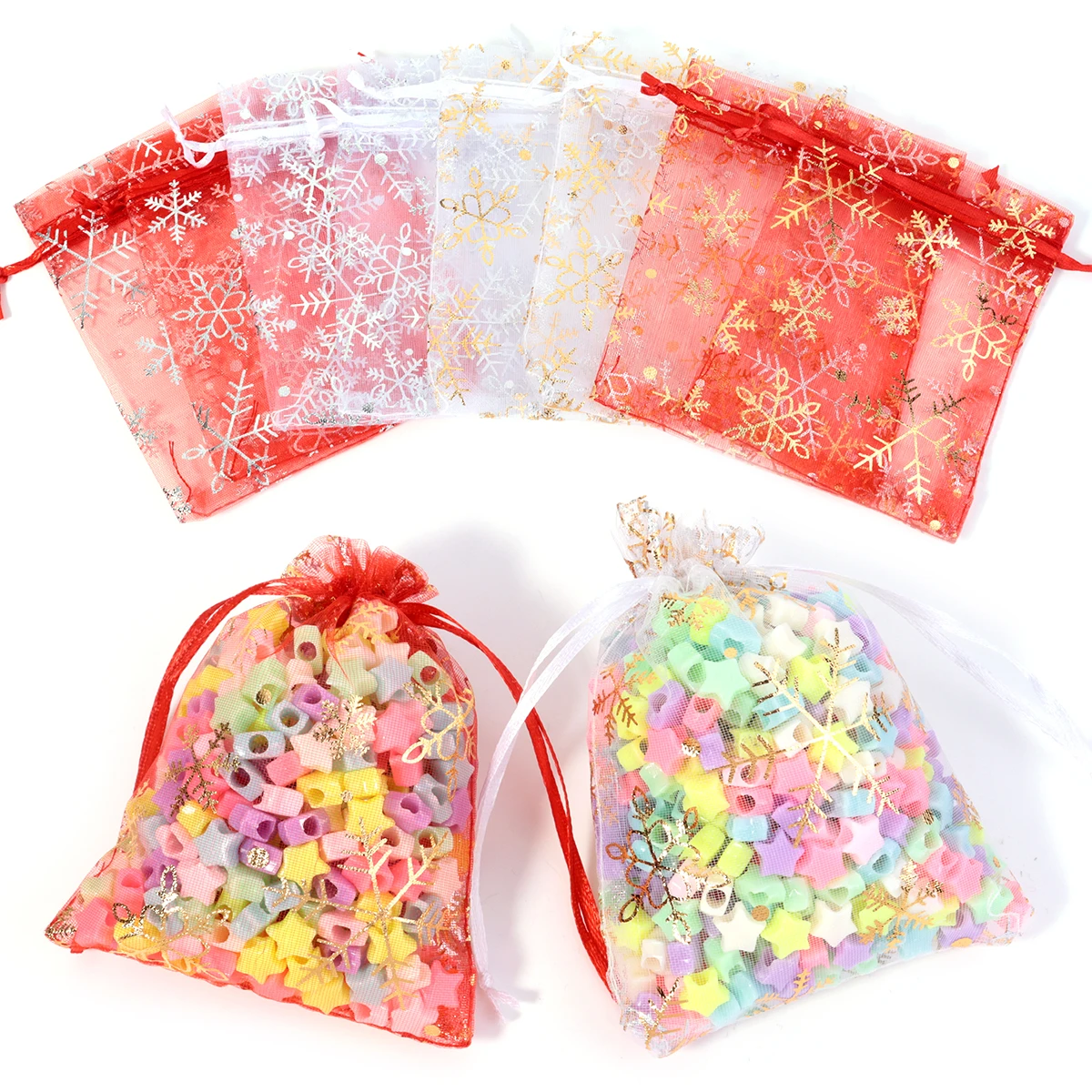 10pcs/lot 7x9cm 9x12cm Silver Gold Snowflake Jewelry Packing Drawable Christmas Organza Bag Wedding Gift Bags Pouches Package