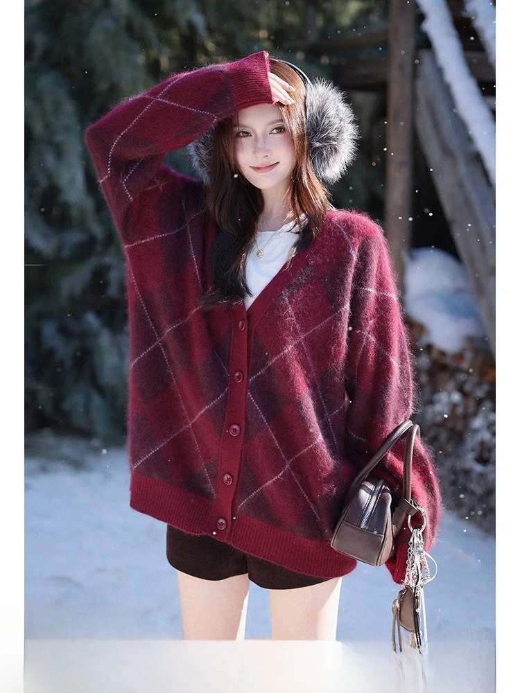 

Женский винтажный кардиган из шерсти и кашемира с бриллиантовым узором, мягкий, осенне-зимний, новый, с круглым вырезом, универсальный, с длинными рукавами