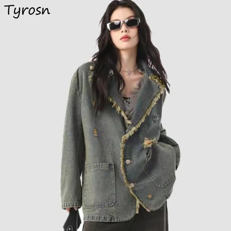 High Street Denim Coats for Women Frayed New Fashion Loose Turn-down Collar Design Distresses Retro Cool Girls Spring All-match