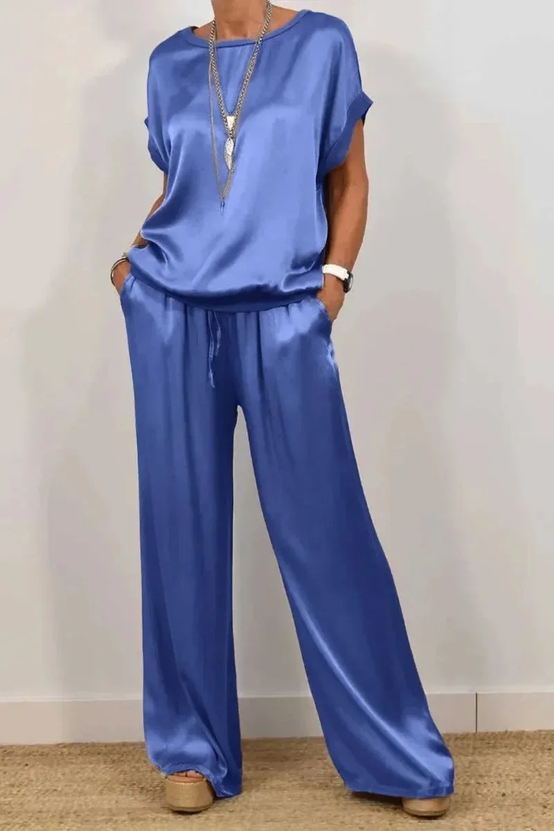 

2025 Summer Satin Two Piece Set For Women V Neck Bat Sleeve Top Casual Loose Lace Up Wide-leg Pants 2 Piece Suit Home Outfits