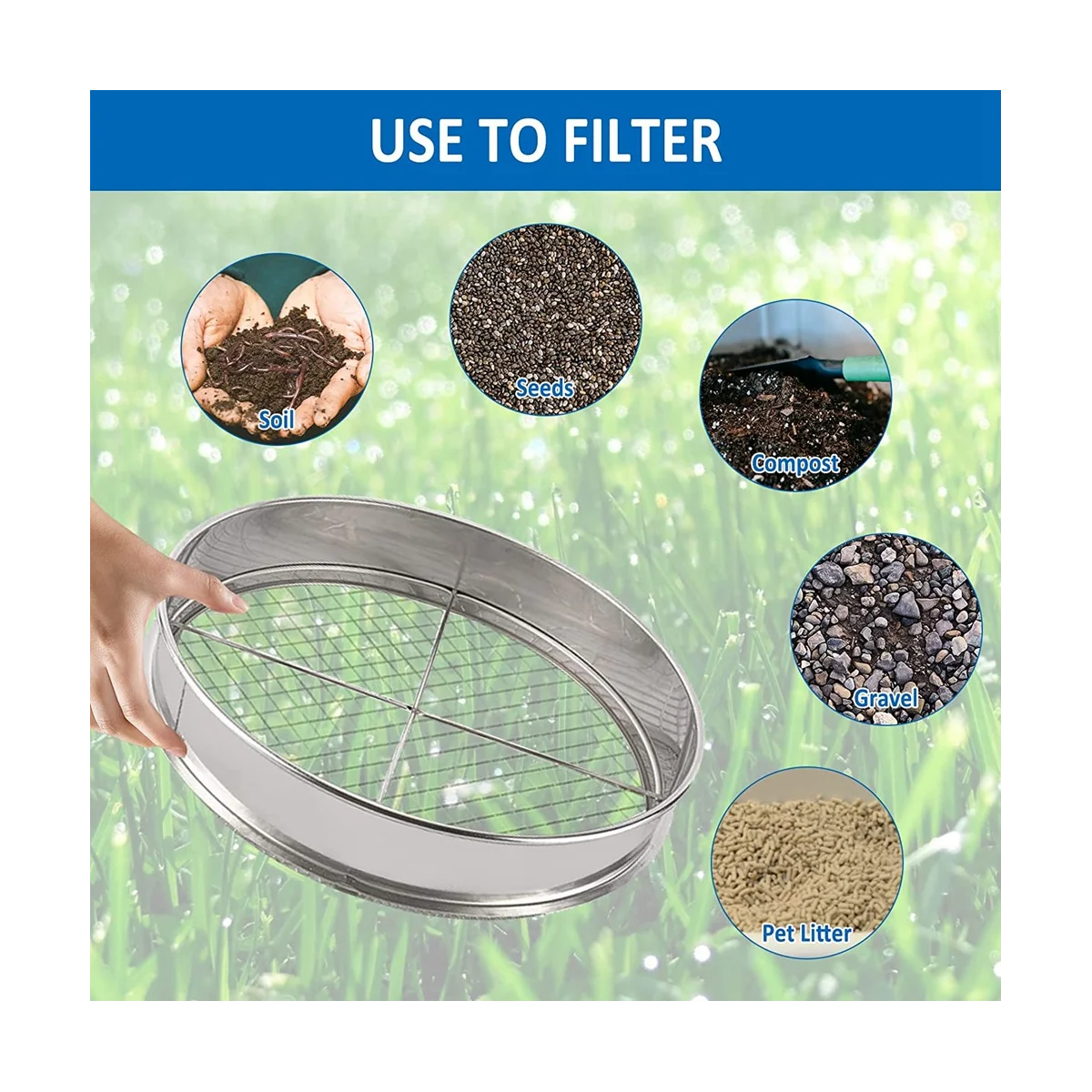 Garden Potting Mesh Sieve Sifting Pan - Stainless Steel Mix Soil Filter 4 Sieve Mesh Filter(1/8In,1/4In,3/8In,And 1/2In)