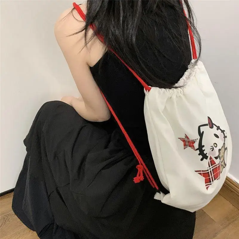 New Kawaii Cute Sanrio Hellokitty Bag Double Shoulder Canvas Bag Drawstring Bag Cartoon Cute Birthday Gifts Girlfriend Gifts