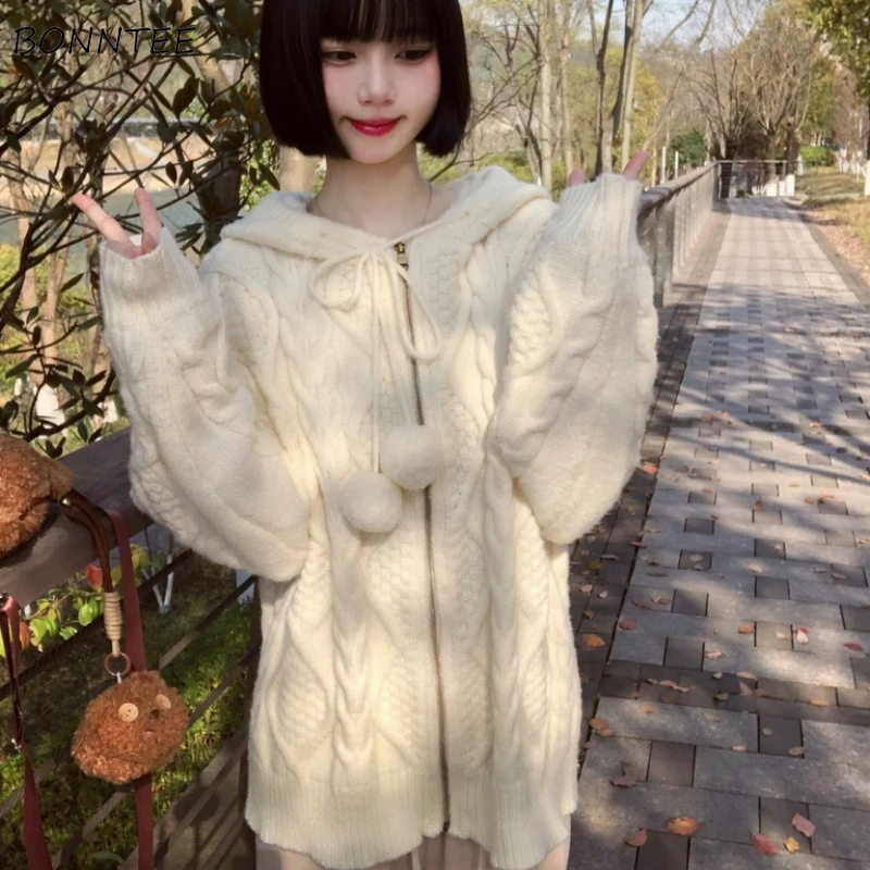 

Hooded Jackets for Women Lazy Style Zipper Autumn Korean Fashion Loose Fit Twist Knitted All-match Outwear Winter Coats
