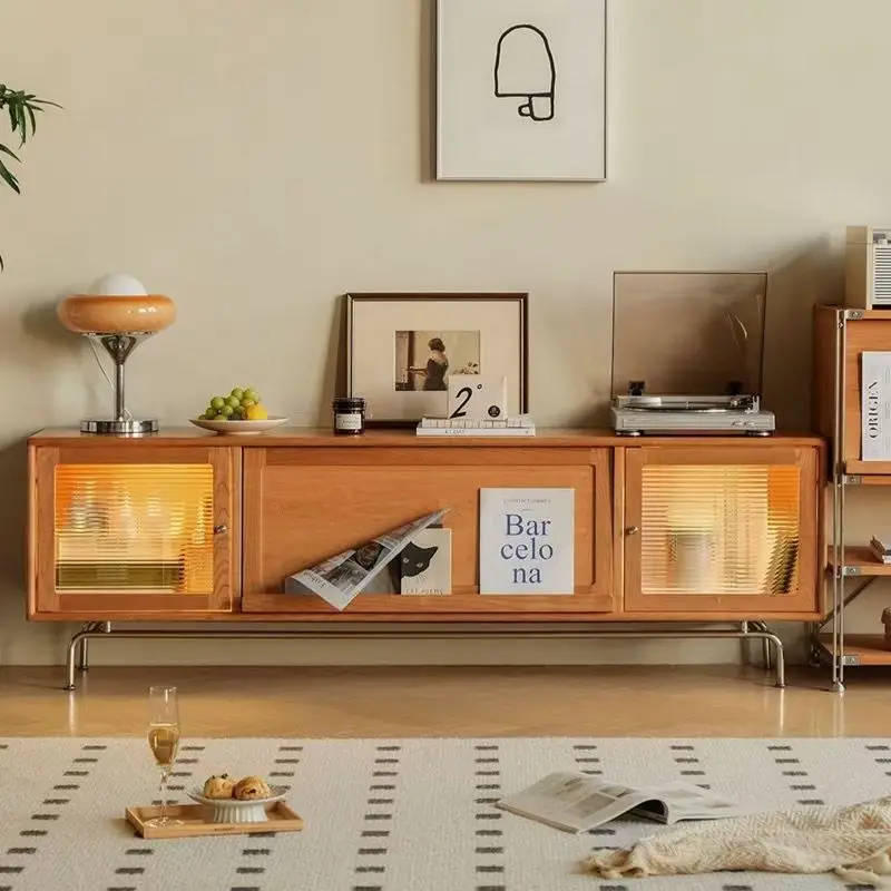 Solid wood TV cabinet modern simple log furniture second-hand creative small apartment living room TV cabinet flooring