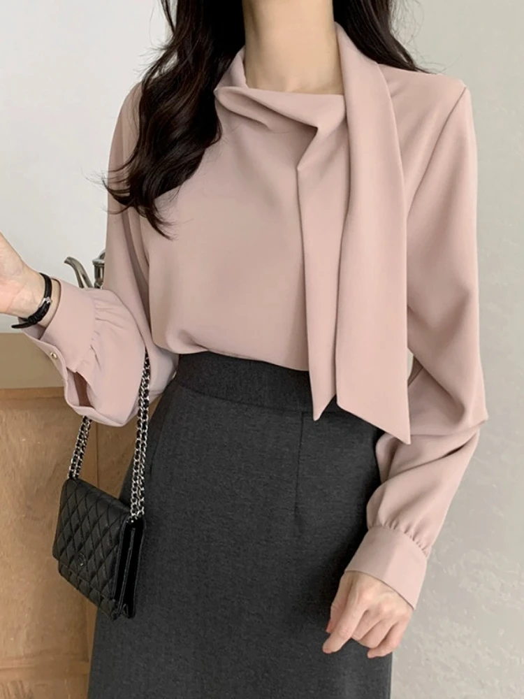 Spring Autumn Women Business Casual Solid Satin Shirts Long Sleeve Bow Vintage Chic Party Blouses Female Clothes Elegant Tops