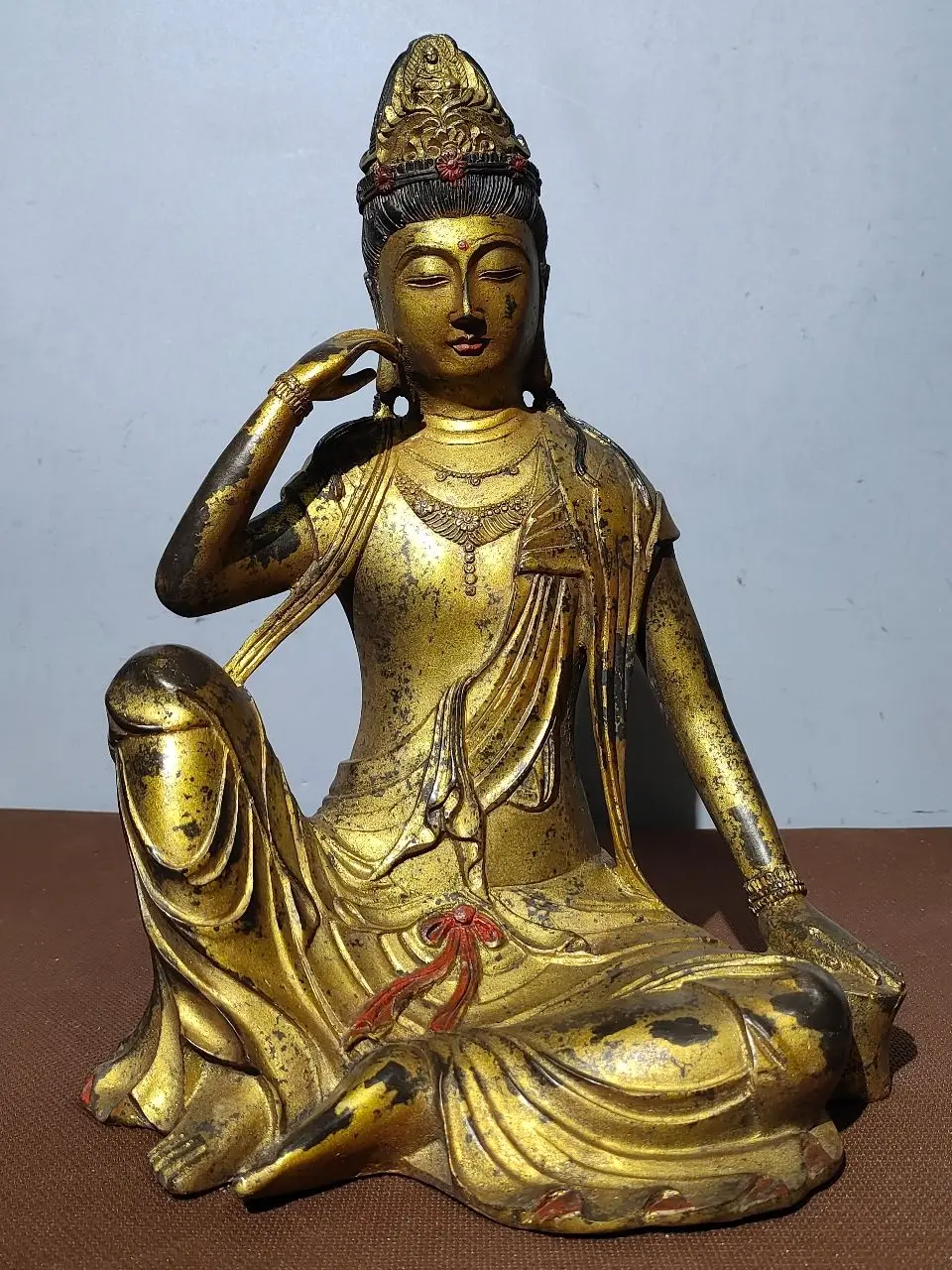 

13"Tibetan Temple Collection Old Bronze Mud gold Cinnabar Free Guanyin Sitting Buddha Worship Hall Town house