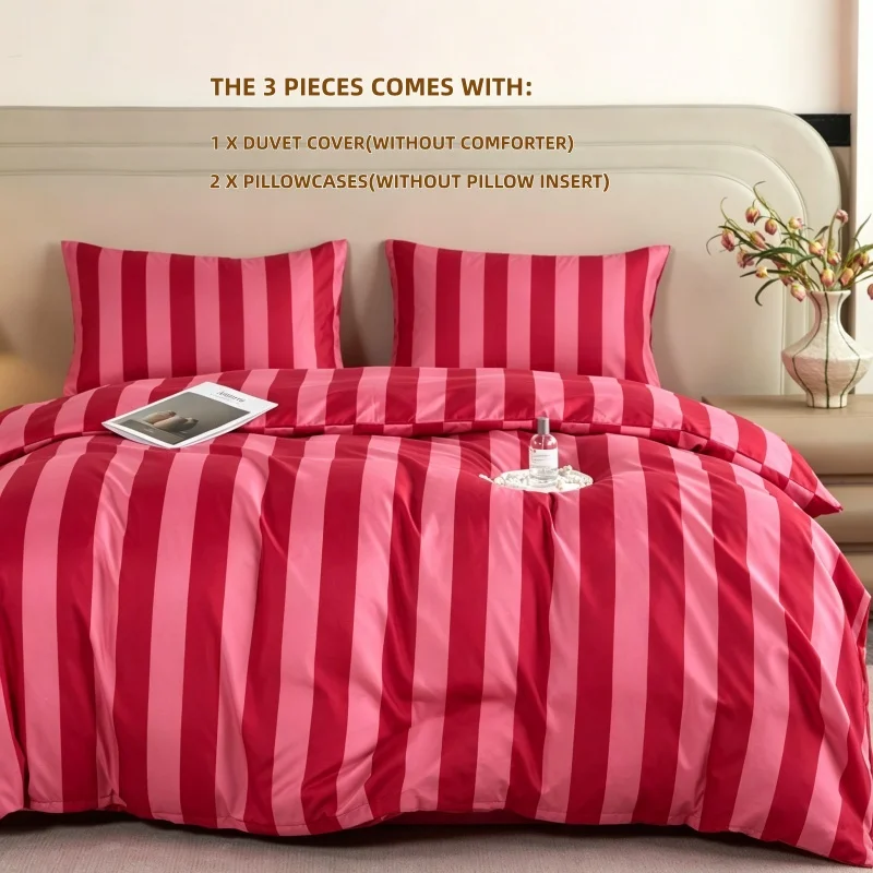 3pcs Hot pink stripe Duvet Cover Set (1*Duvet Cover + 2*Pillowcase, Without Core),soft fabricBedding Set