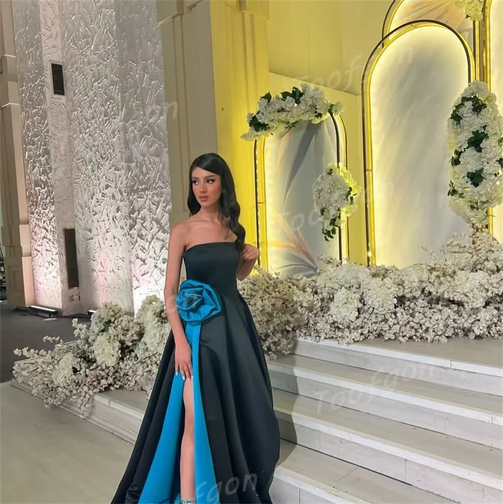 Toofgon Satin bretelles saoudien arabe robes de bal personnalisé 3D Rose fleurs haut côté fente femmes formelle fête robes de soirée