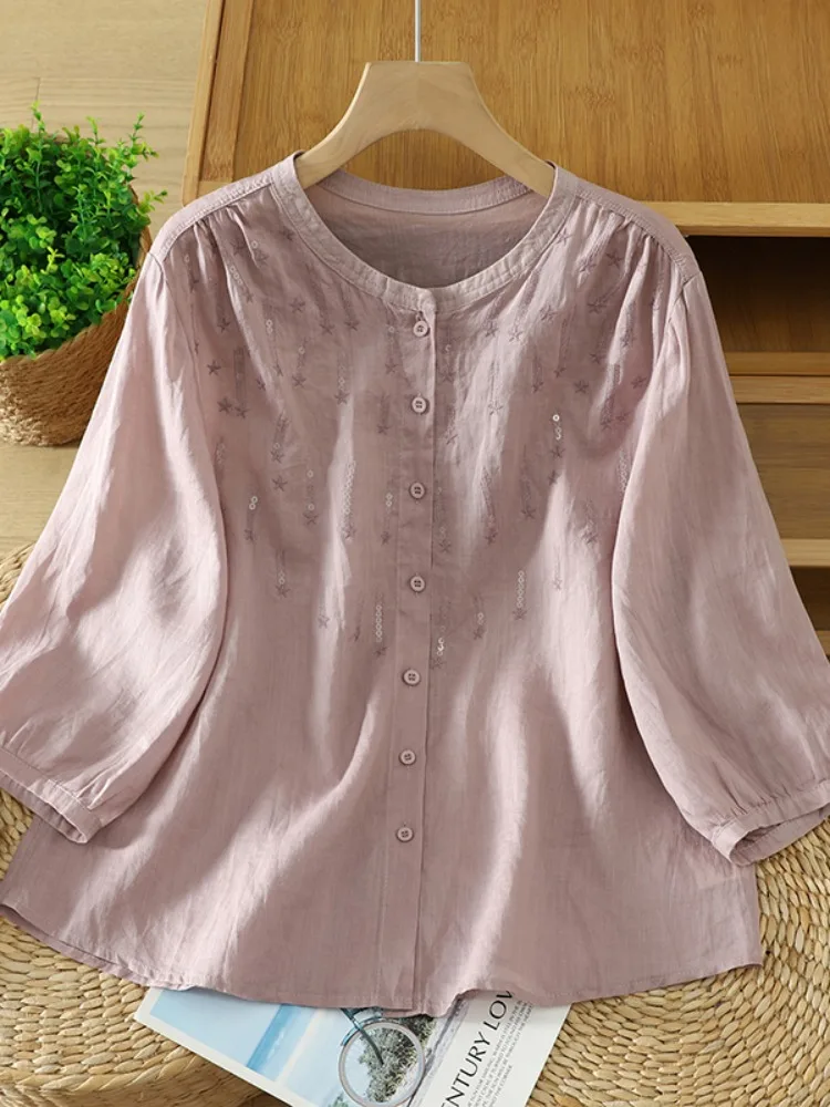 

Retro Glitter Embroidery Linen Shirt Women Summer Commute Versatile Shirt Elegant Ageless Small Figure Top Fashionable Artist...
