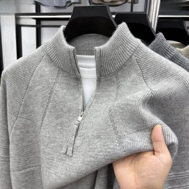 

Men's Autumn Winter Zipper Knitted Sweater Vintage Embroidered Color Versatile Base Layer Sweater Busin Casual Sle