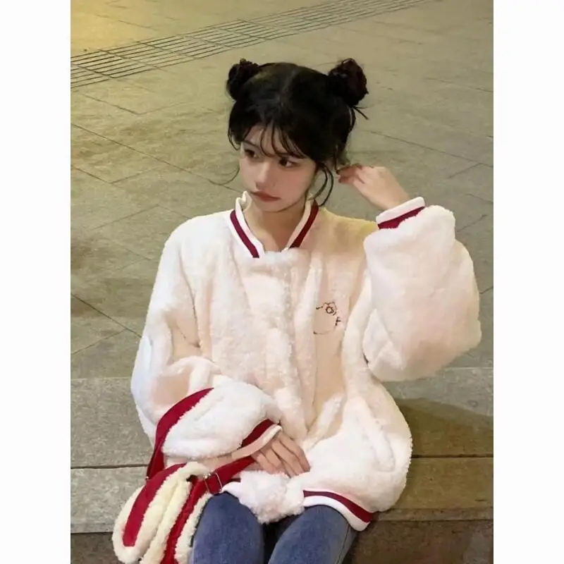 

Универсальная флисовая куртка Sanrio с вышивкой Hello Kitty, женская зимняя теплая куртка-бомбер, модная верхняя одежда, милый стиль каваи, новинка