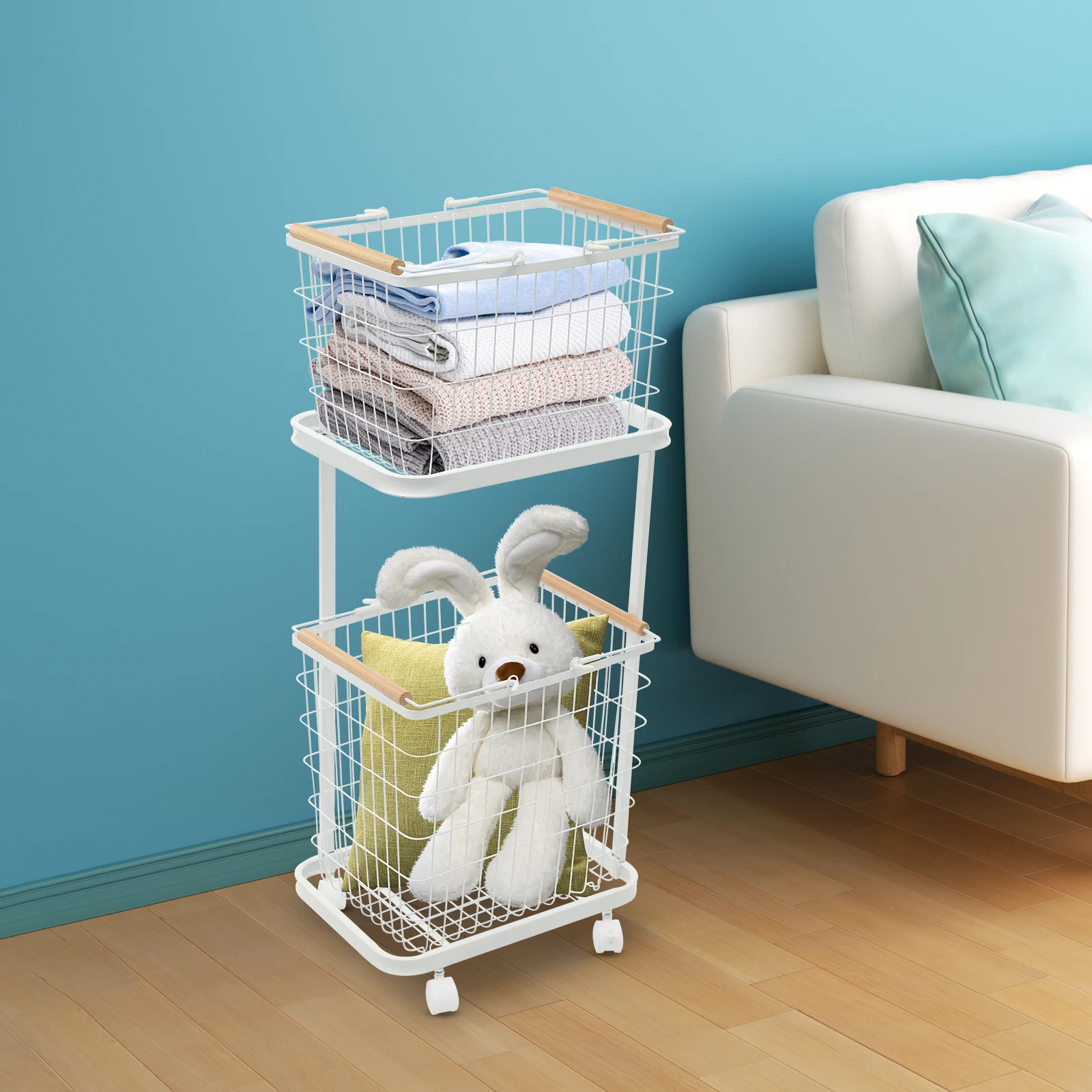 

Двухуровневая металлическая корзина для белья со съемной корзиной, складной каркасом и колесами, белый, компактный органайзер для хранения для спальни