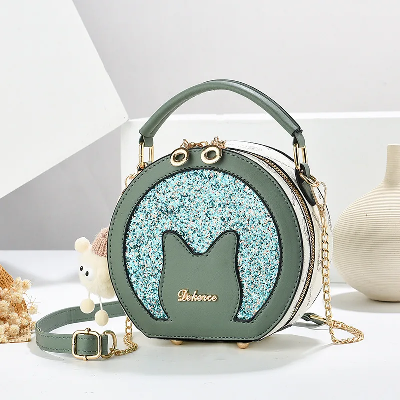 Cute Cat Women Chain Shoulder Bags Crossbody Bag Clutch Handbag with Chain Strap Fashion Glitter Check Quilted Stitch Padded Bag