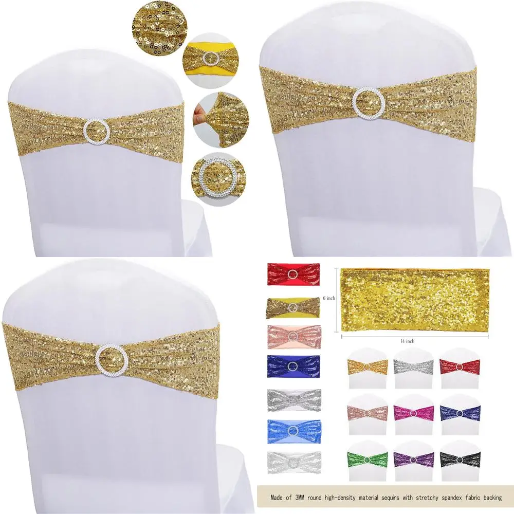 

Gold Sequin Chair Sashes Set of 50, Stretchy Spandex Bands for Weddings, Receptions, and Banquet Chair Decorations