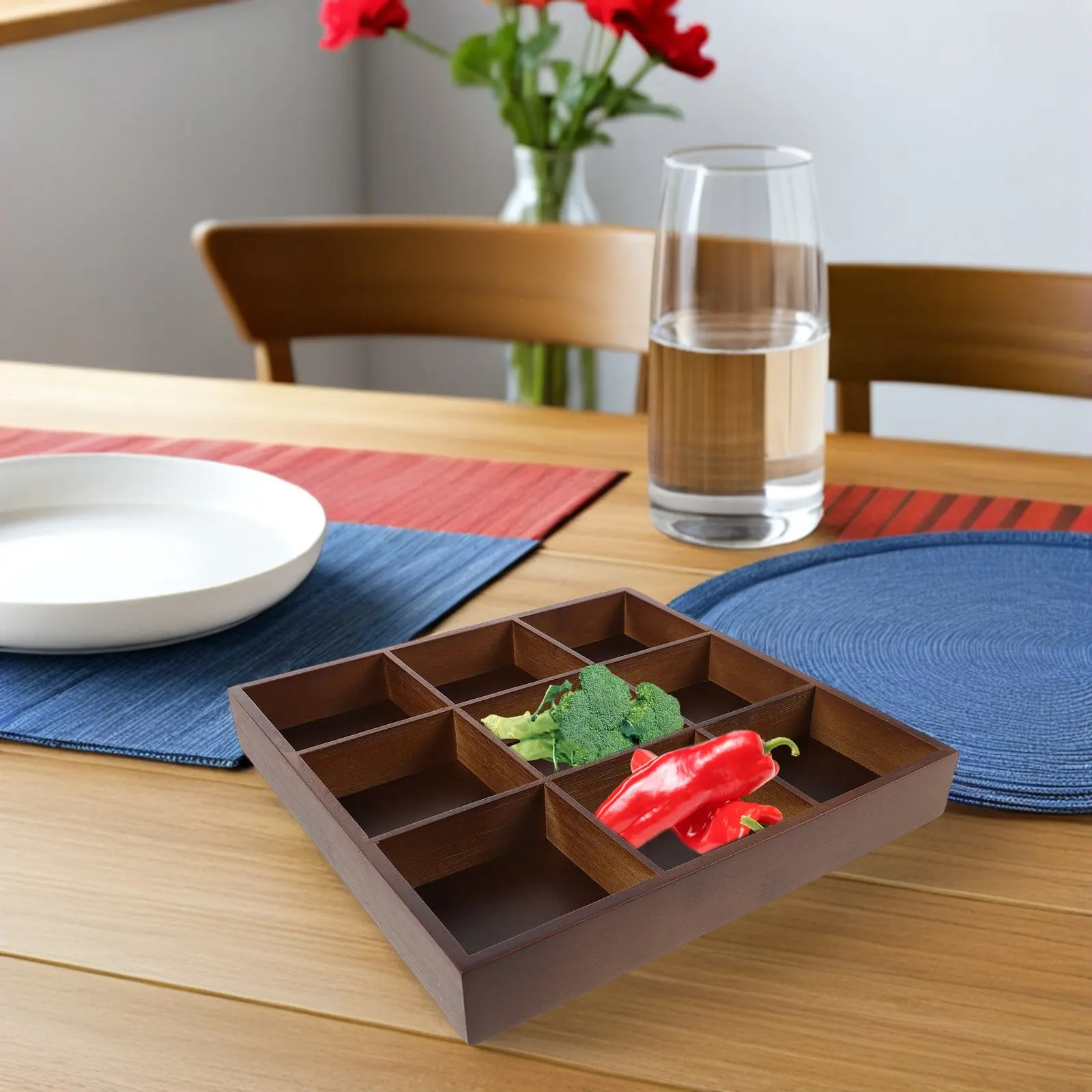 Divided Bamboo Serving Tray with 9 Compartments Sustainable Snack and Veggie Platter for Kitchen Restaurant Party Picnic