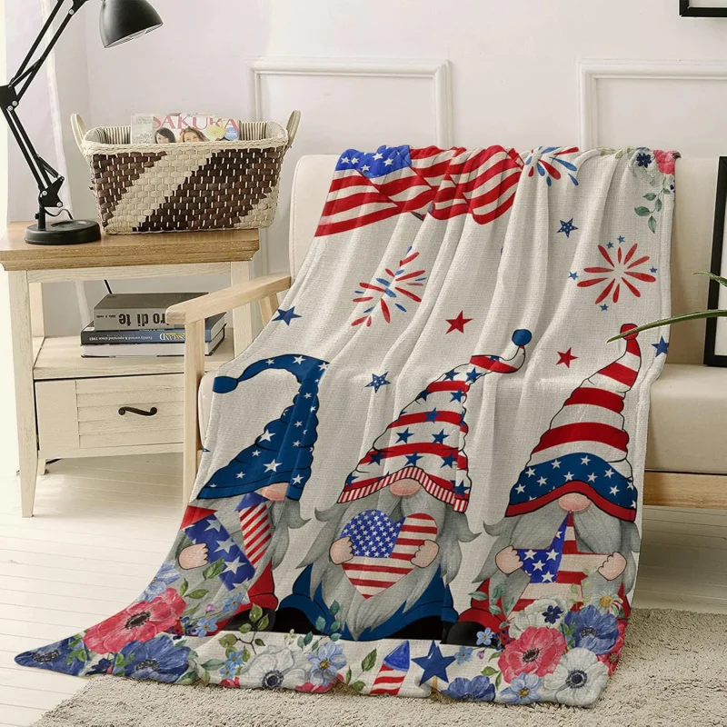 Christmas Patriotic Dwarf Blanket, American Flag, Wool, Soft and Lightweight Bed, Red, White, Blue Stripes