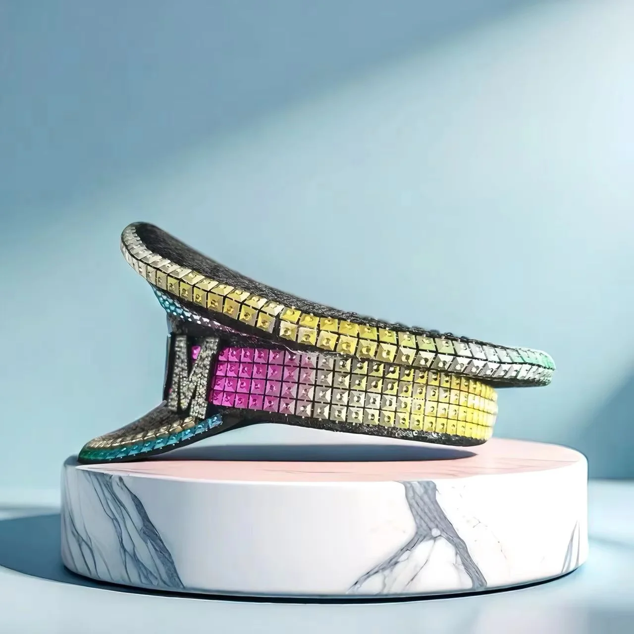 HongLuan Chapéu de capitão com laço de couro amarelo laser strass e bonés militares para mulheres, acessórios para festivais rave e boné de festa masculino