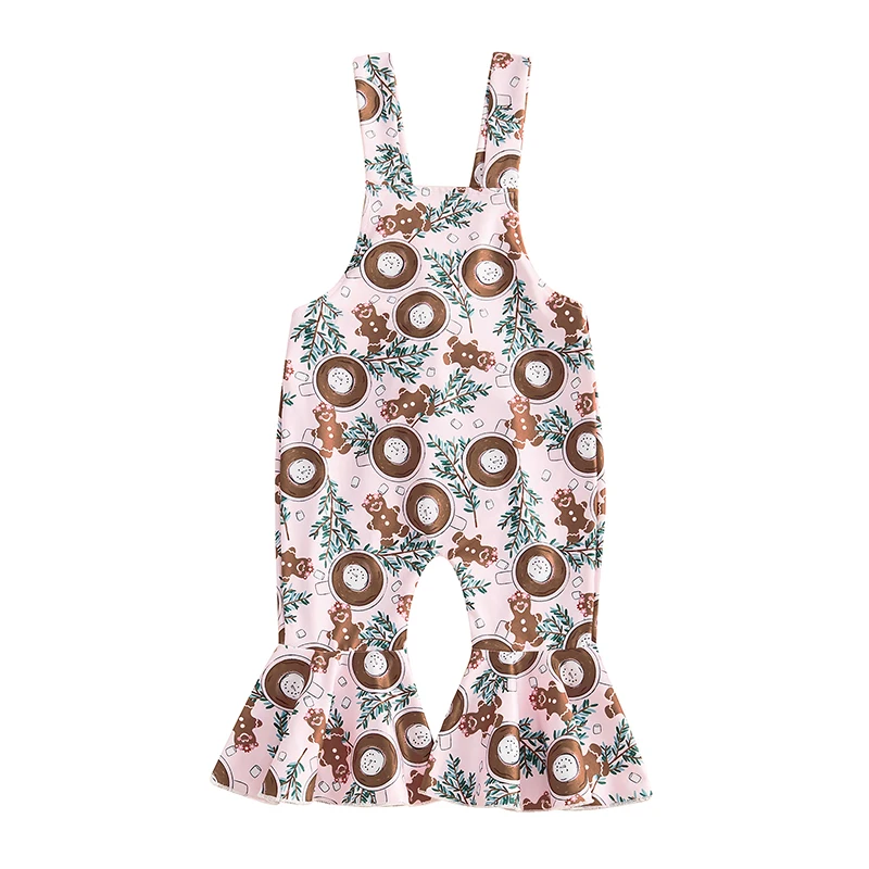 

Little Girls Christmas Jumpsuit Sleeveless Gingerbread Man Print Suspender Flared Pants