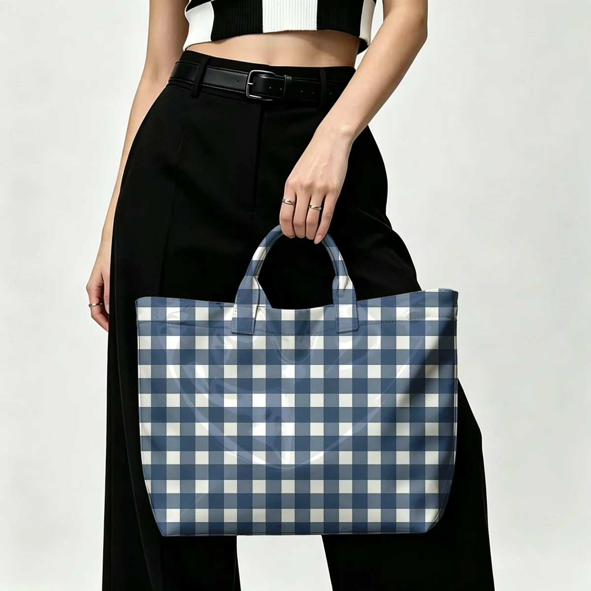 Blue & White Checkerboard Fashion Bag Transparent PVC Waterproof Handbag Large Capacity Daily Commute Shoulder Tote Mummy Bag