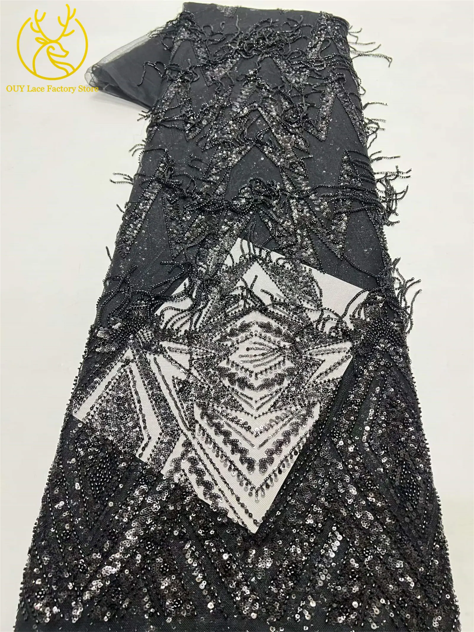 Luxuriöse französische goldene 3D-Hängeperlen-Spitze, hochwertiger afrikanischer Tüll-Pailletten-Spitzenstoff für nigerianische Hochzeitskleider zum Nähen – Detail 20