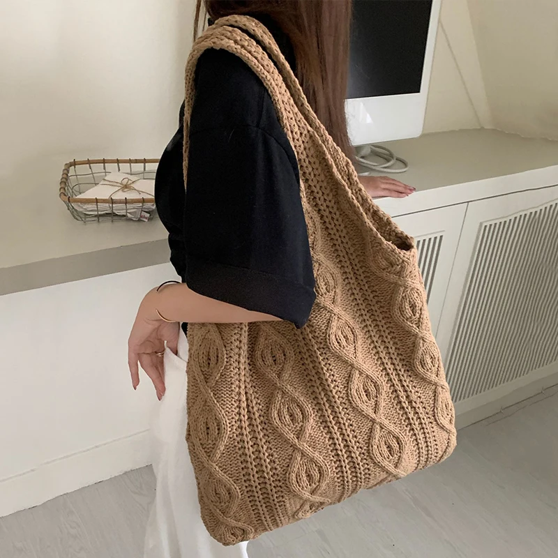 Wool Knitted Shoulder Shopping Bag for Women Vintage Cotton Cloth Girls Tote Shopper Bag Large Female Handbag Crochet Bag