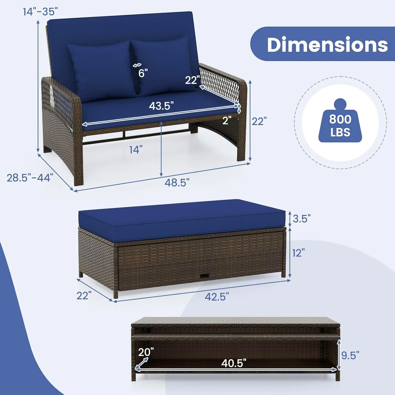 #Moccha Outdoor Daybed, PE Rattan Double Chaise Lounge w/ 4-Level Adjustable Back, Storage Ottoman, Cushions &, Customized