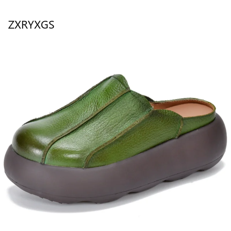 

ZXRYXGS 2026 Новые модные женские шлепанцы из натуральной кожи с круглым носком на платформе, увеличивающие рост, для улицы