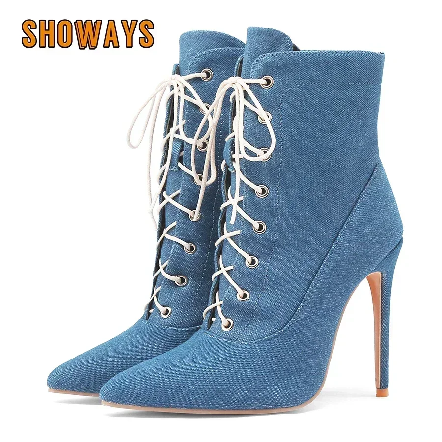 

Blue Black Denim Women Ankle Boots Super High Thin Heels British Dress Office Ladies Retro Pointed Toe Lace-up Mart Short Boots