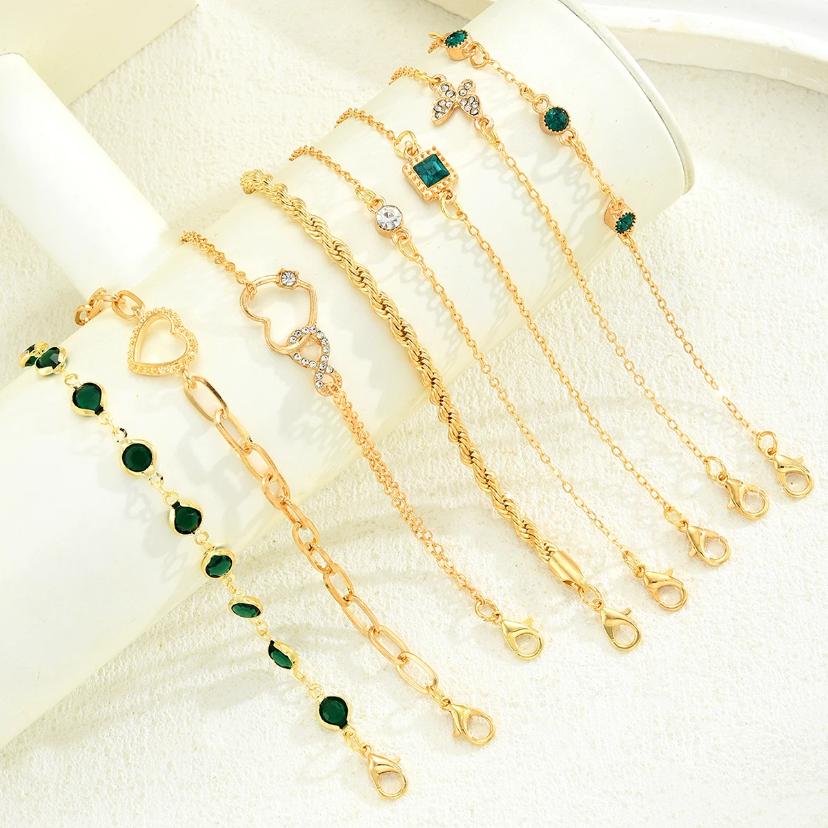 5 قطع خمر القلب الأخضر كريستال سوار مجموعة للنساء أزياء جميلة فراشة حجر الراين إنفينيتي هندسية أساور مجوهرات