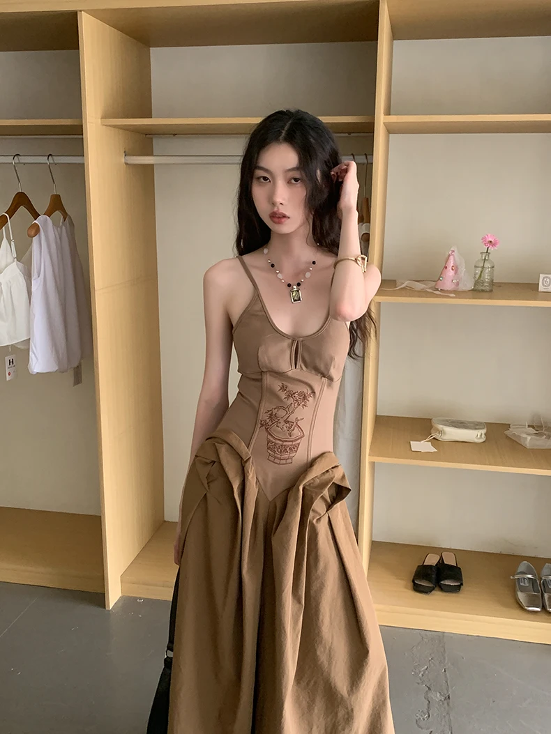 CHEERART Brown Embroidered Vintage Maxi Dress For Women Backless Long Tunics Dress Party Evening Elegant Luxury Celebrity