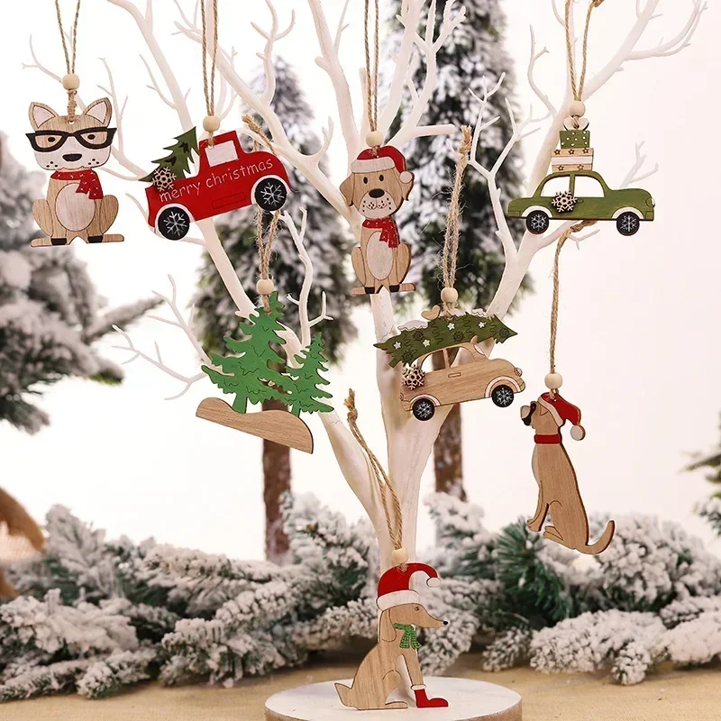 

2025 Christmas Decoration Christmas Tree Dog Car Hanging Wooden Pendant Elk Cartoon Animal Ornament Festive Decoration Ornament