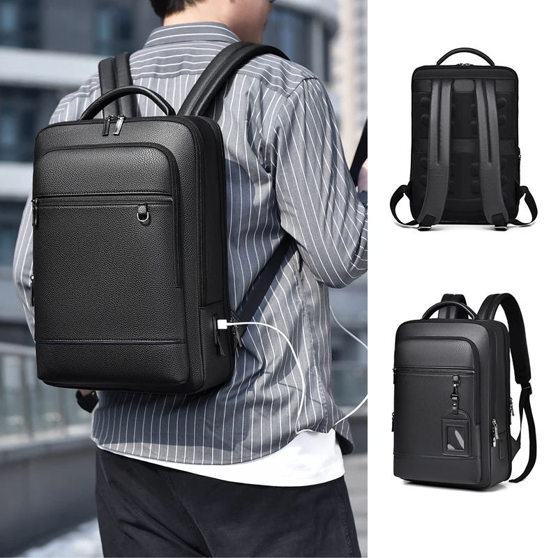 

USB Charging Backpack Men PU Leather Satchel Executive Briefcase Office Travel Laptop Office Business Shoulder Back Pack Male