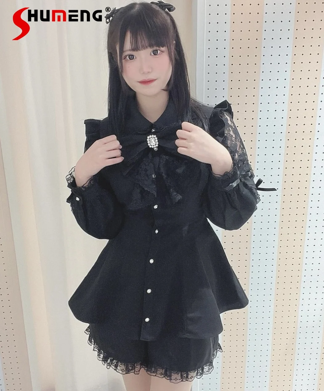 Imagem -02 - Lolita Vestido com Laço Doce e Shorts para Mulheres Roupas Femininas Manga Comprida Estilo Japonês Novo Kawaii Meu Emagrecedor Conjunto de Peças