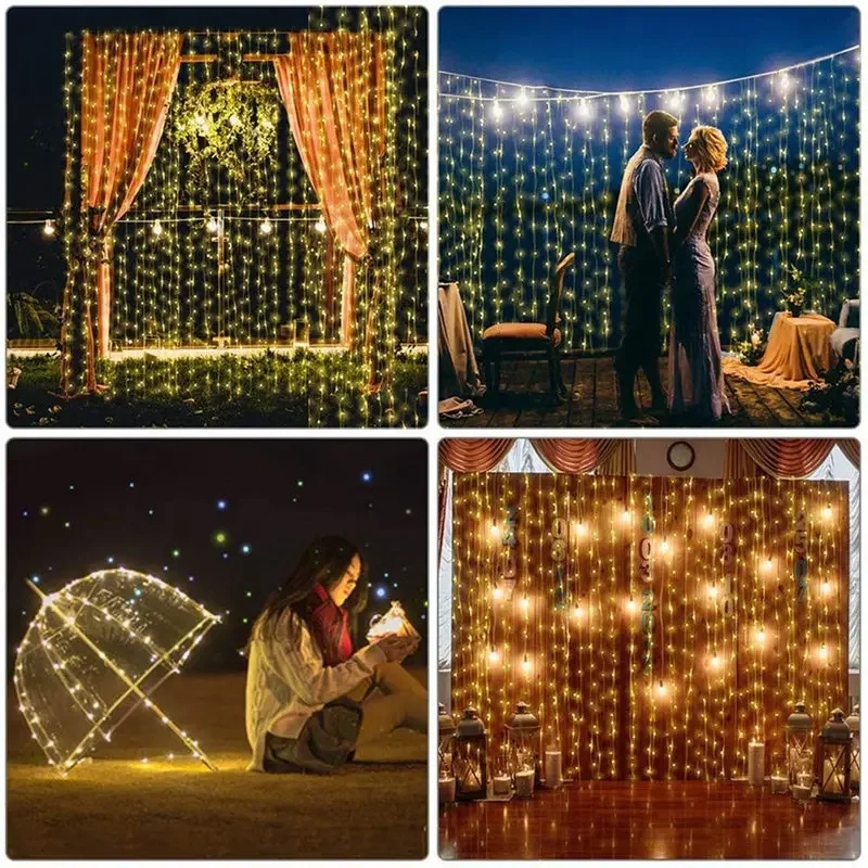 LED Curtain String Lights Christmas Garland Decor Fairy Light 8 Modes USB Remote Control Wedding Holiday Party for Bedroom Home