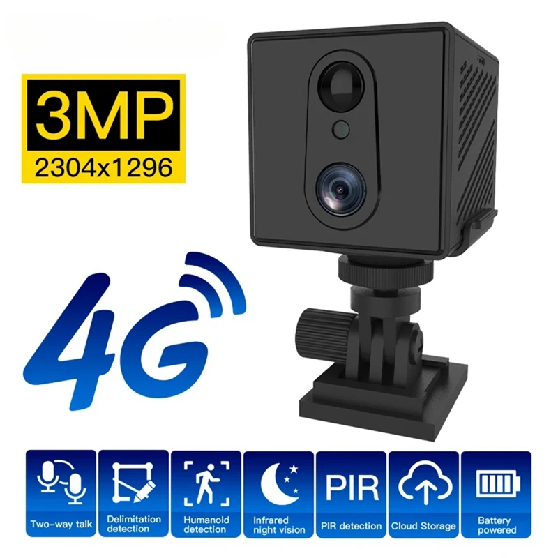 Mini Câmera Detecção Humana, 3MP, 4G Cartão SIM, 3000mAh Bateria, Vigilância de Segurança, Filmadora, Video Recorder