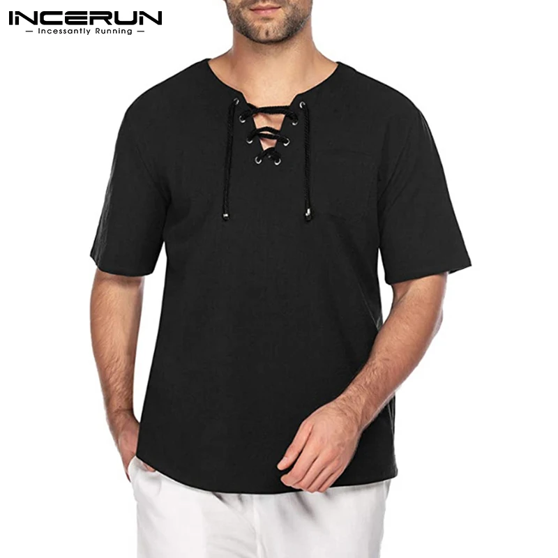 Camicia da uomo in cotone con scollo a V manica corta tinta unita Lace Up Streetwear abbigliamento Casual da uomo 2024 Camisas Vintage per il tempo libero 5XL INCERUN