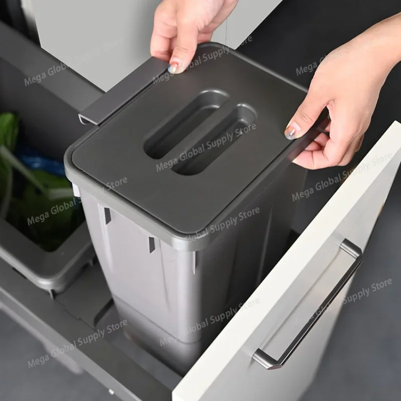 Hidden Kitchen Trash Can Double Trash Bin Luxury Built in Litter Bins Large Capacity Drawer Style Garbage Bin with Lid Cleaning