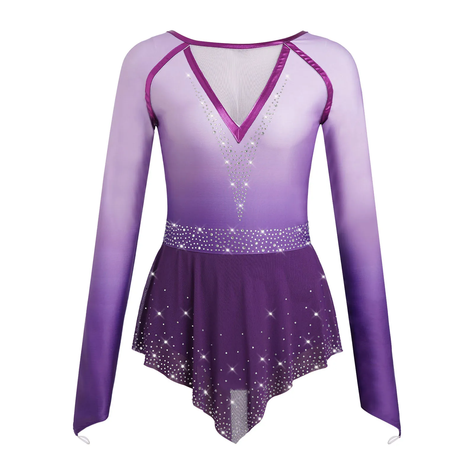 

Womens Gymnasticw Ballet Jumpsuit Gradient Rhinestones Long Sleeve Mesh Skirt Leotard Figure Skating Rhythmic Bodysuit Dancewear