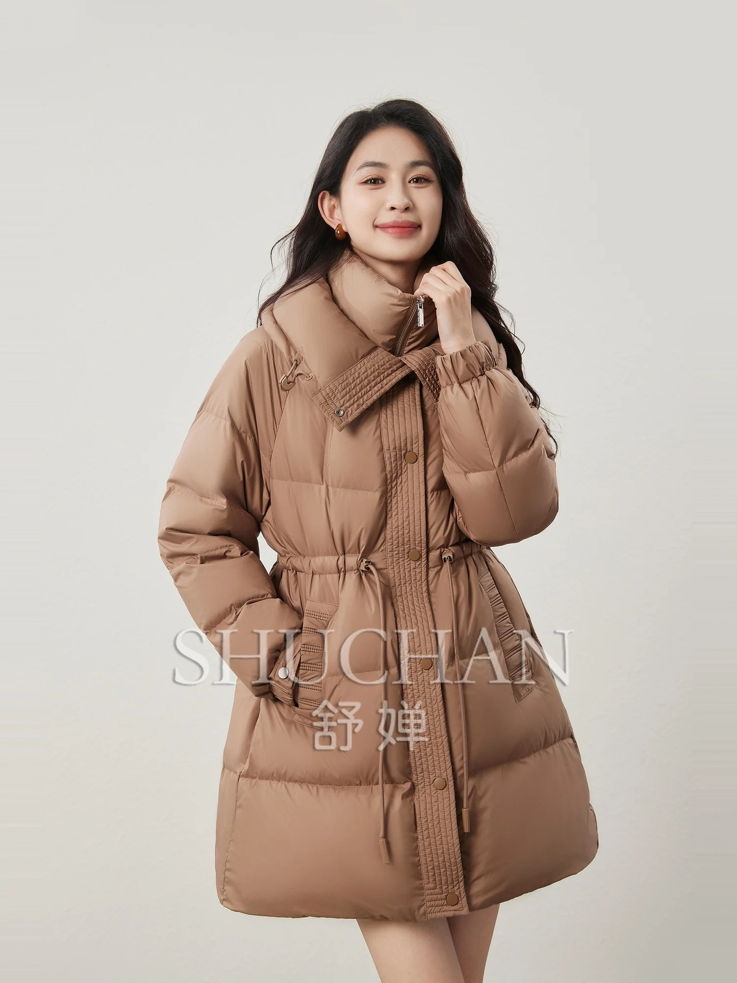 

Good Quality, Elegant Warm 90 White Duck Down, Waist Drawstring Double Collar Medium and Long Down Jacket women