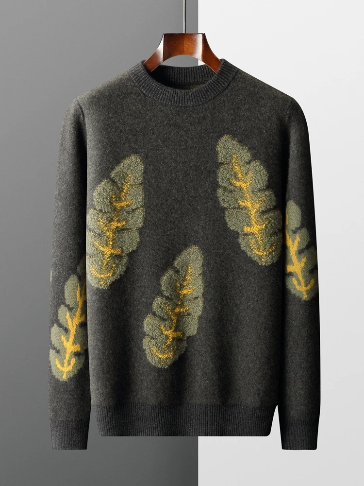

Мужской трикотаж из 100% мериносовой шерсти с круглым вырезом и листьями, толстое жаккардовое полотенце, шерстяной пуловер с вышивкой, осень-зима, вязаный удобный свитер