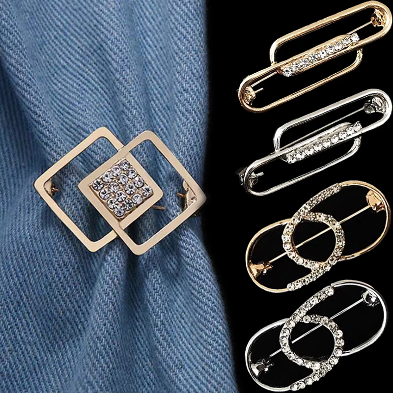 Charming Zircon Brooches Women Geometry Rhinestone Jeans Pants Waist Button Fixed Buckle Adjustment Clothes Pin Clips Jewelry